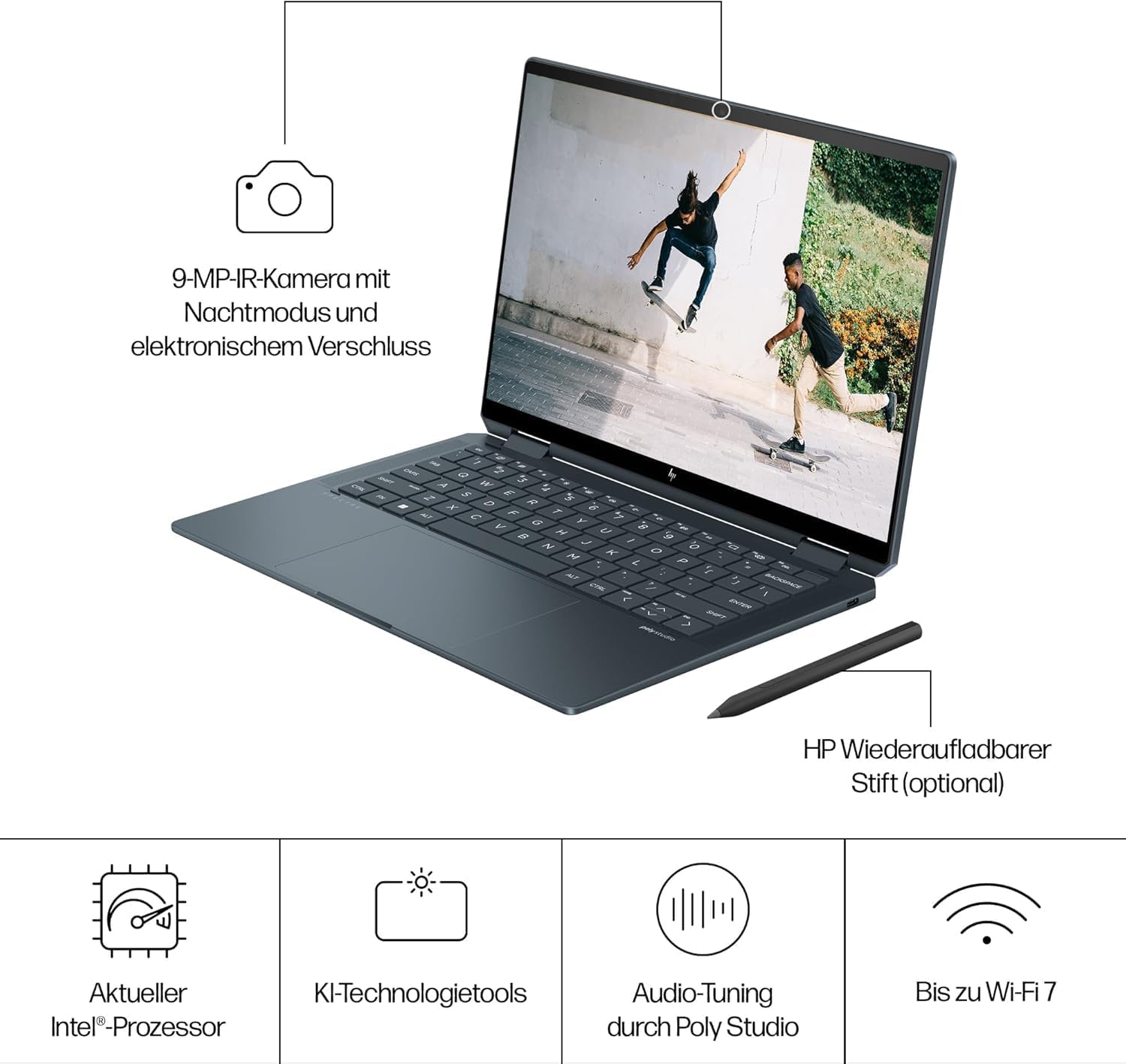 HP Spectre x360 2-in-1 Convertible Laptop | Intel Core Ultra 7 155H with Integrated AI | 16 Inch WQXGA IPS Touchscreen | 16GB RAM | 1TB SSD | Intel Arc Graphics | Win11 | QWERTZ Copilot Key